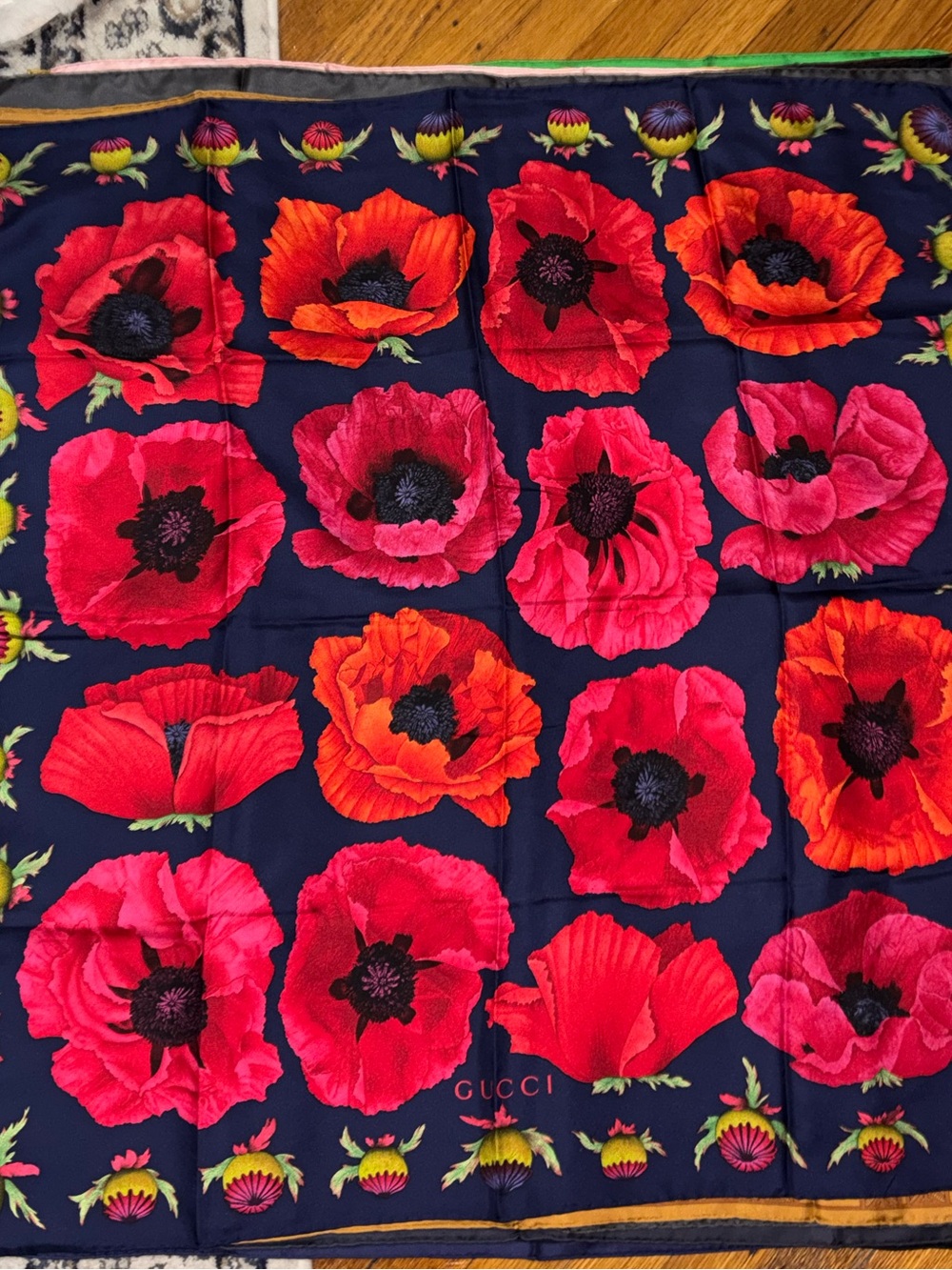 Gucci Navy Silk Scarf with Red & Pink Poppy Motifs